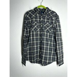 WE Men’s Plaid Button Down Long Sleeve Shirt Cotton Gray Green Relax Fit Size M